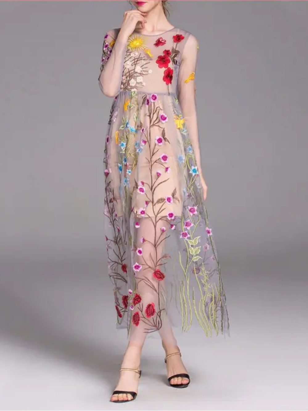 Sheer Embroidered Floral Maxi Dress